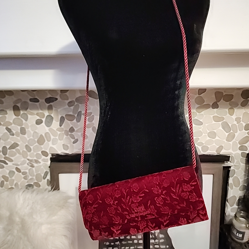 Laura Biagiotti Velvet Cross-body Burgandy Bag, Rose Pattern Imprint Appr 10x4.5 - Picture 16 of 16